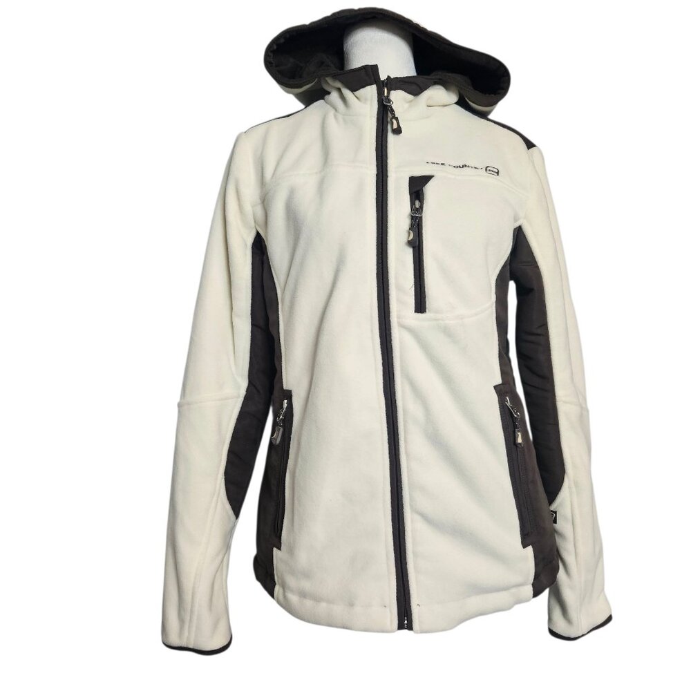 NWT Free Country Women's Fleece Winter Jacket Cream/Brown Full Zip SZ Small Hood